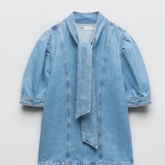 Zara Light Blue Denim Top with Tie Detail - Picture 13 of 16